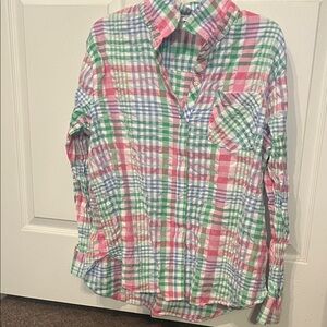 crown & ivy Pink, Green, and Blue Plaid Button Down Shirt